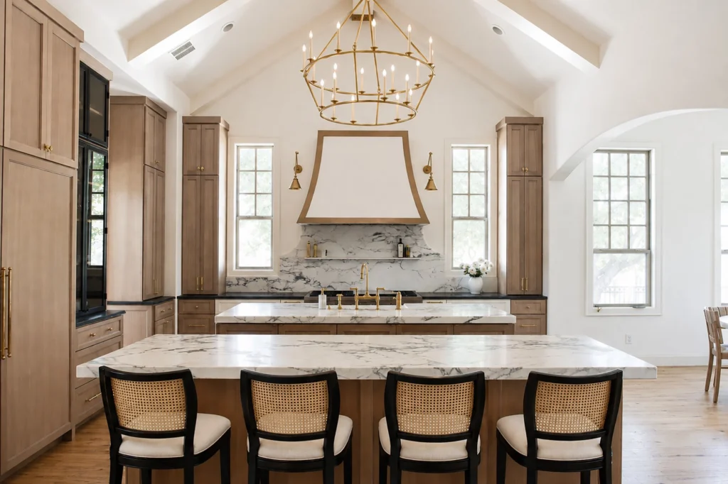Luxury Carillion Lane kitchen with double islands, custom cabinetry, and vaulted ceiling